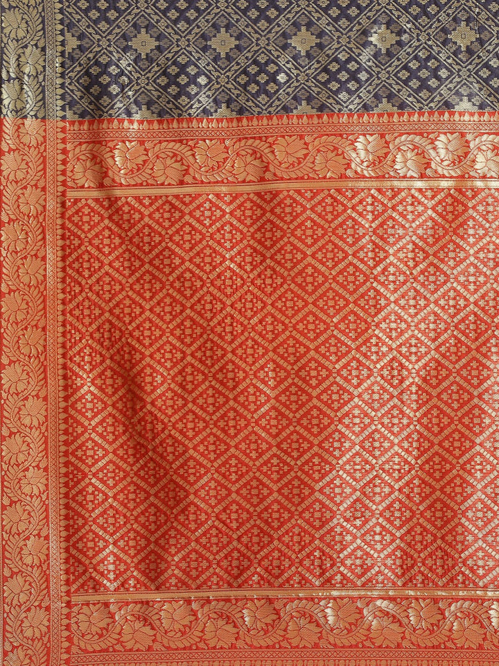 Blue Silk Blend Geometrical Ikat Banarasi Saree With Contrast Pallu