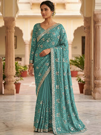 Teal blue Sequin Embroidered Georgette Saree with Stitched Blouse