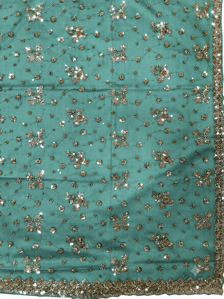 Teal blue Sequin Embroidered Georgette Saree with Stitched Blouse