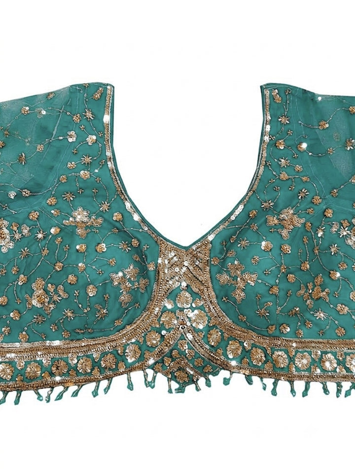 Teal blue Sequin Embroidered Georgette Saree with Stitched Blouse