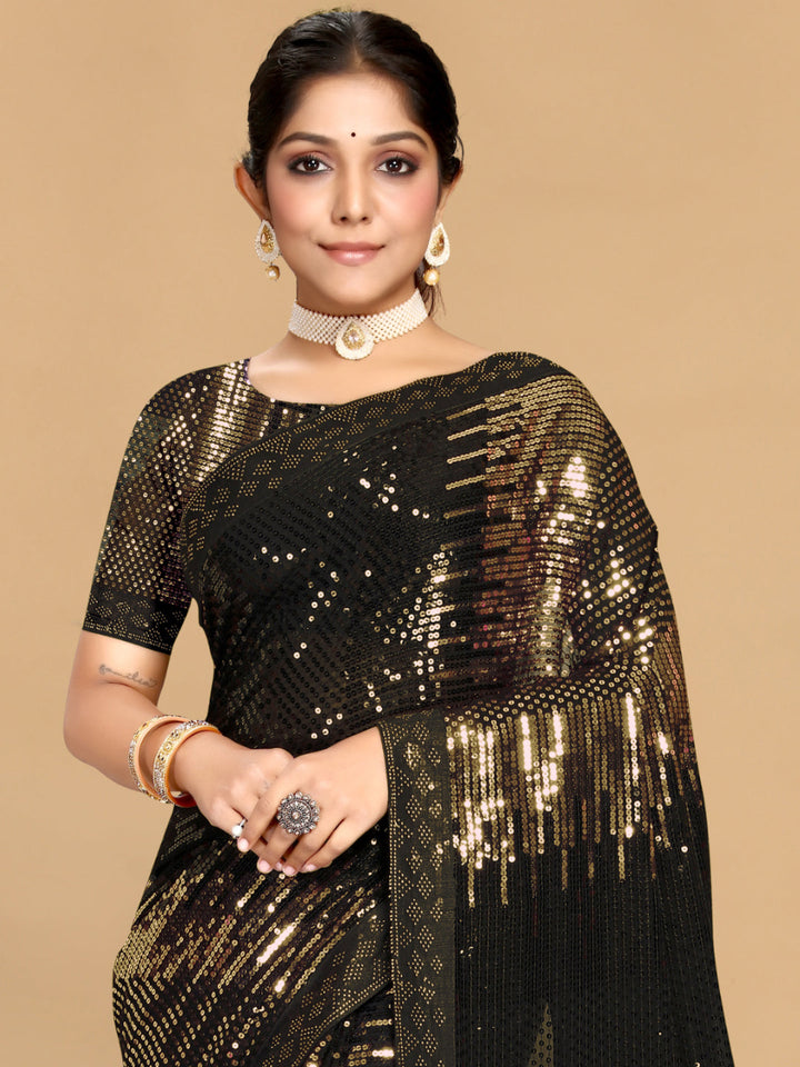 Black & Gold Allover Sequin Embroidered Saree with Abstract patterns