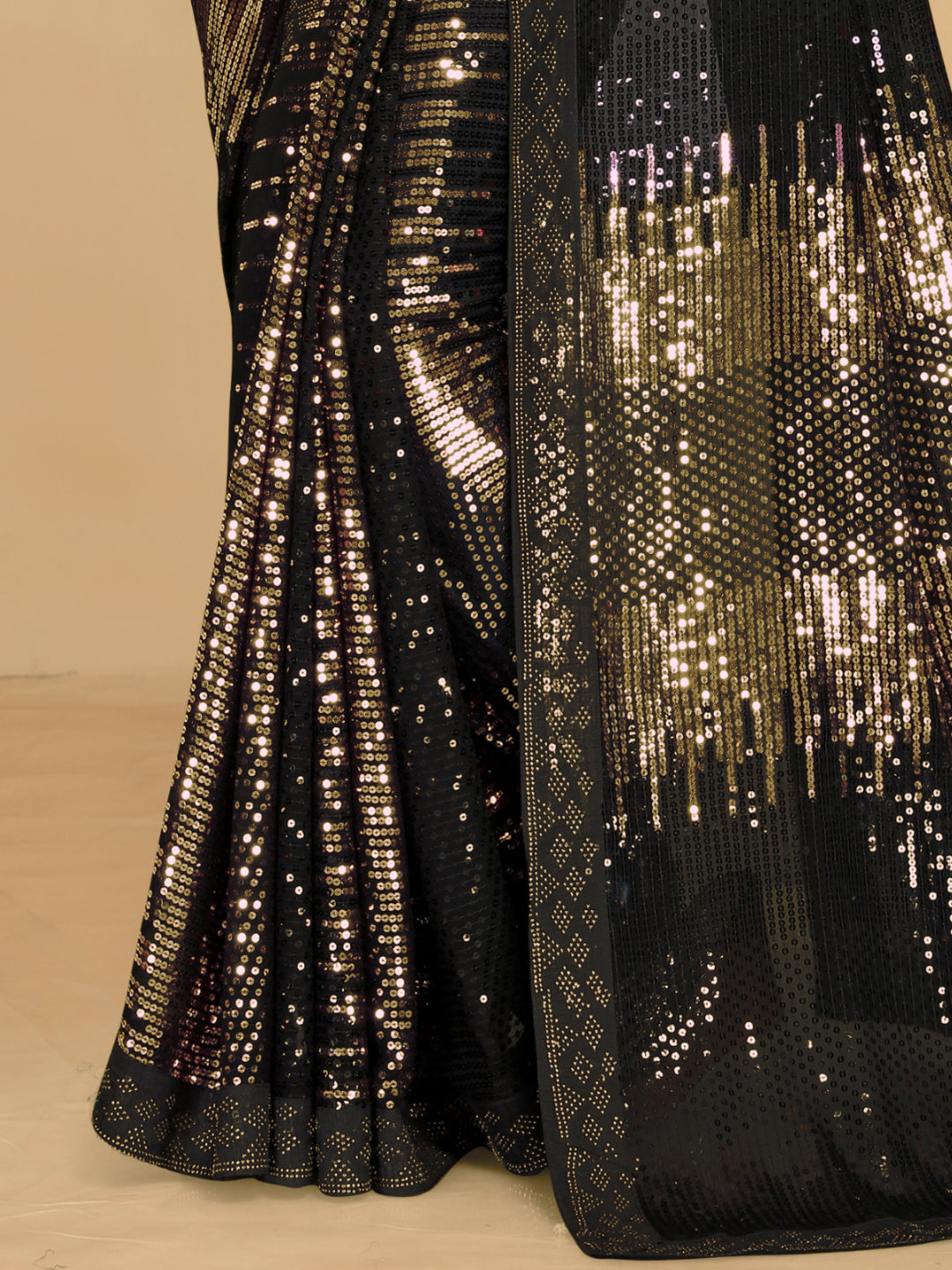Black & Gold Allover Sequin Embroidered Saree with Abstract patterns