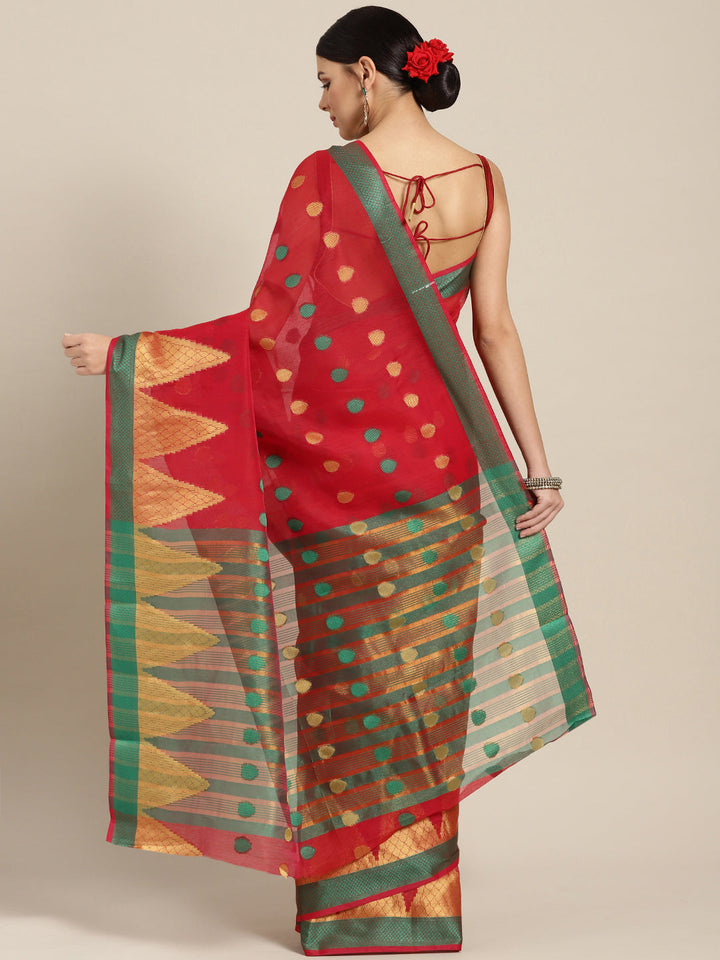 Red Chanderi Silk Saree with Zari and Resham Weaving In A Traditional Temple Pattern