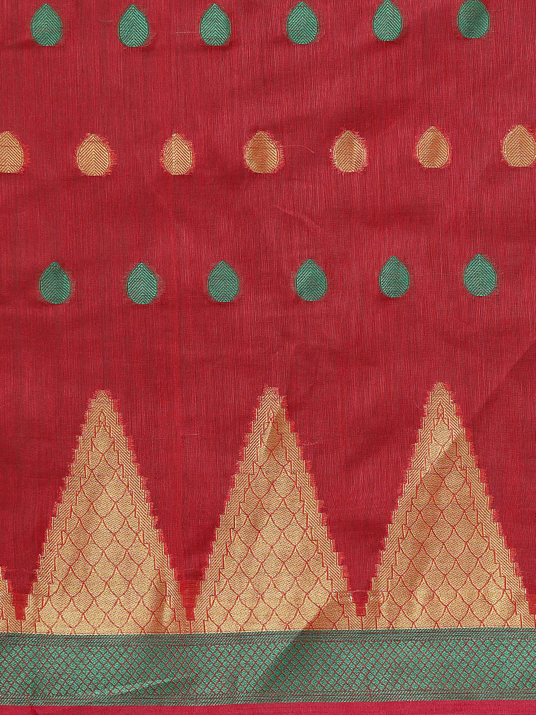 Red Chanderi Silk Saree with Zari and Resham Weaving In A Traditional Temple Pattern