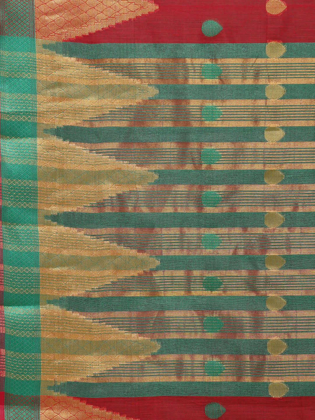 Red Chanderi Silk Saree with Zari and Resham Weaving In A Traditional Temple Pattern