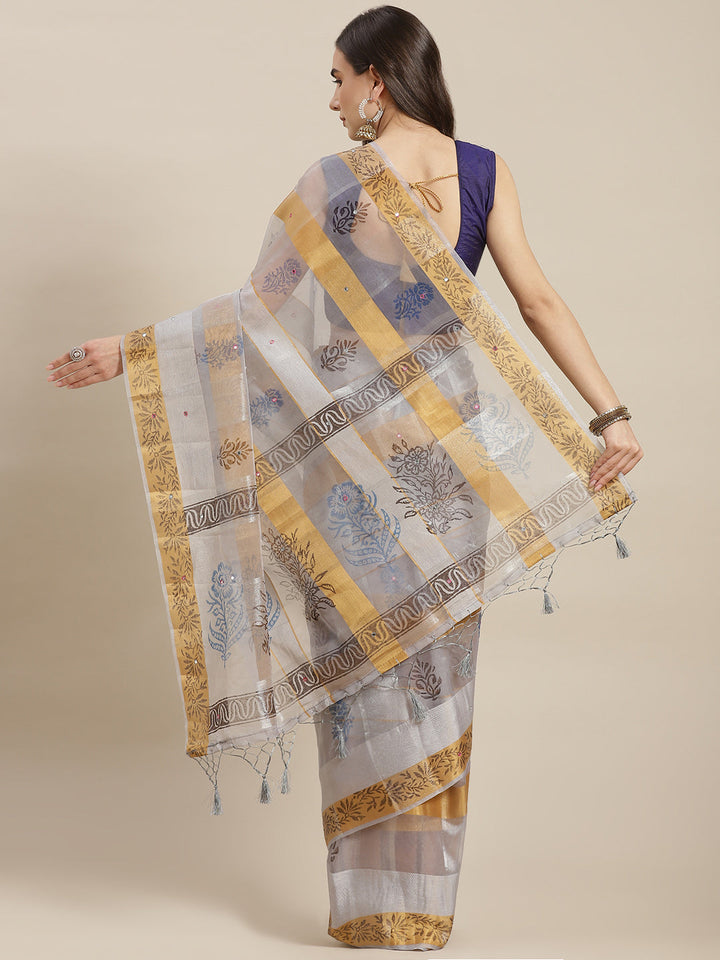 Grey Block Print Tissue Saree with Zari Weaving & Mirror Embellishment