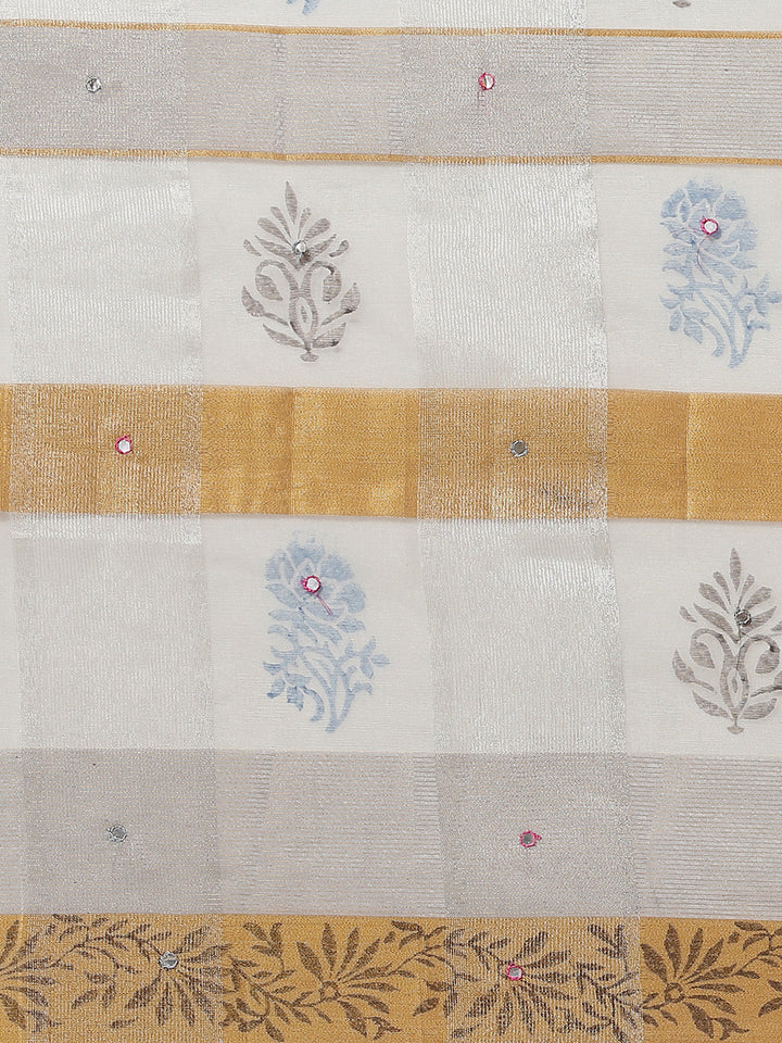 Grey Block Print Tissue Saree with Zari Weaving & Mirror Embellishment