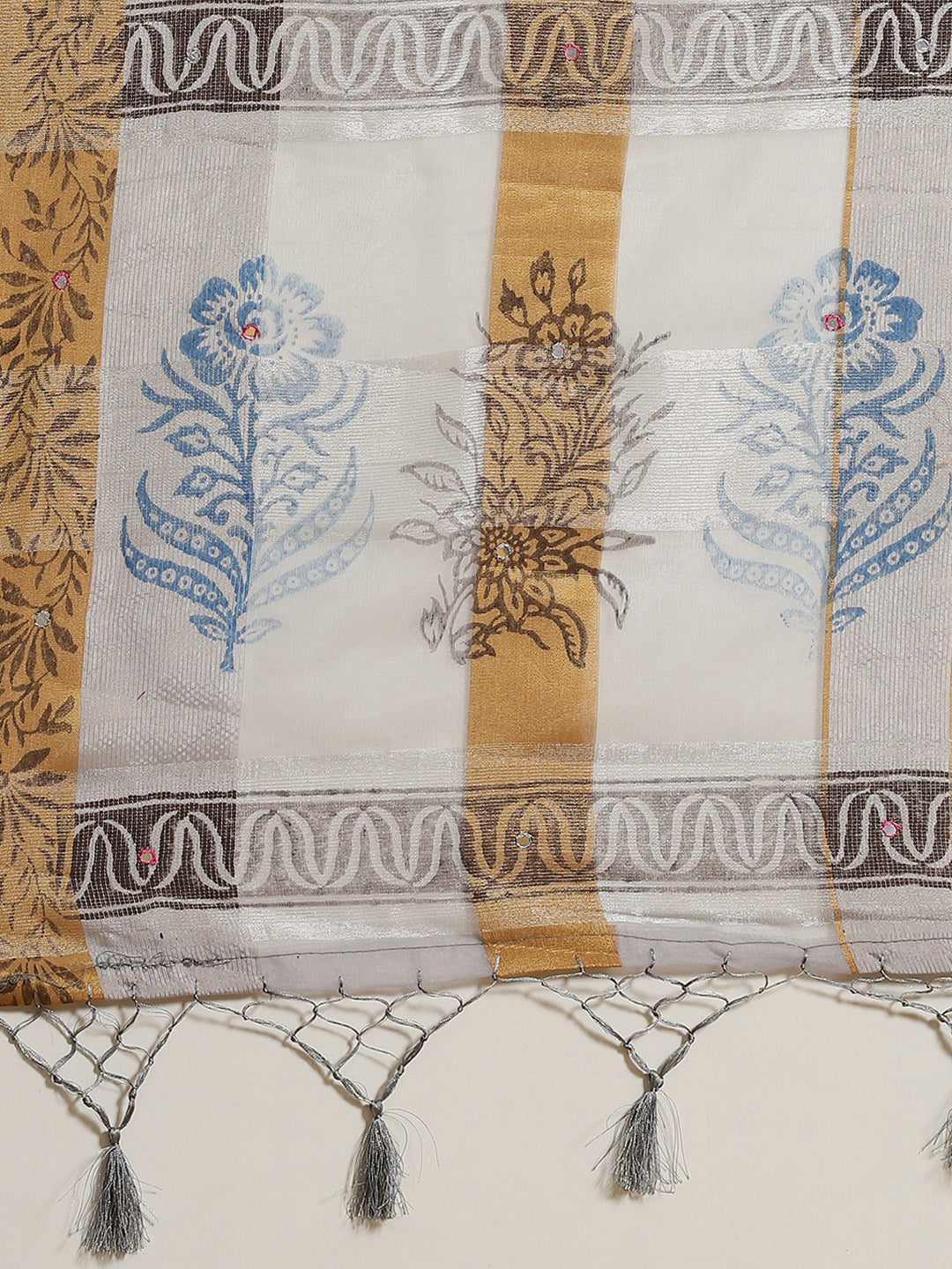 Grey Block Print Tissue Saree with Zari Weaving & Mirror Embellishment