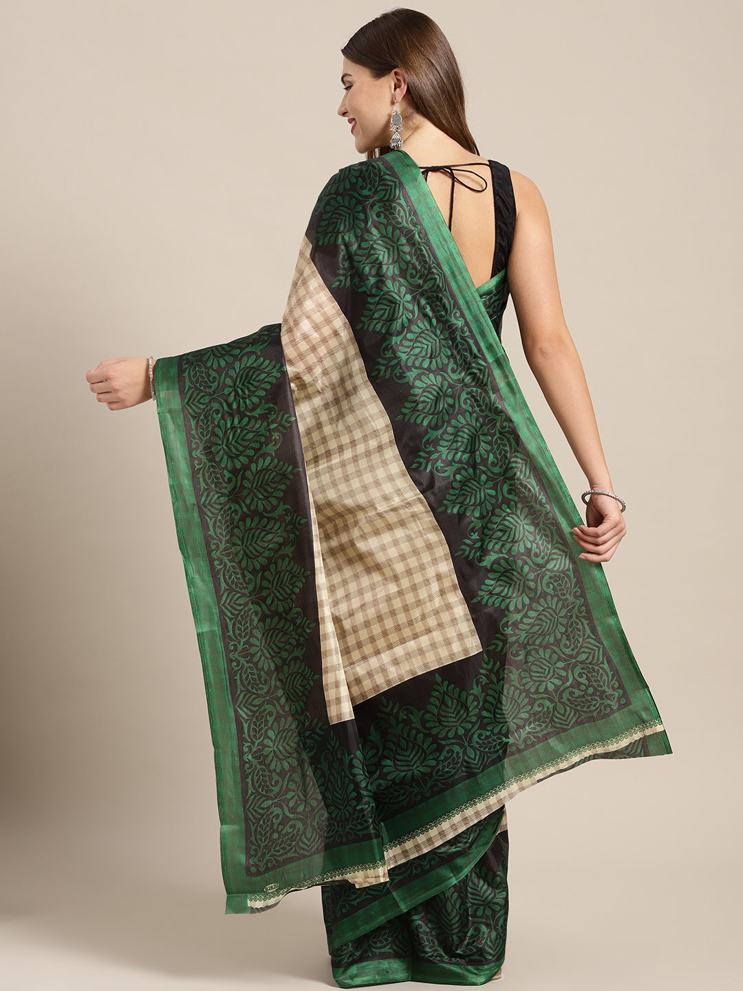 Printed Checked Bhagalpuri Saree with Contrast Floral Motifs