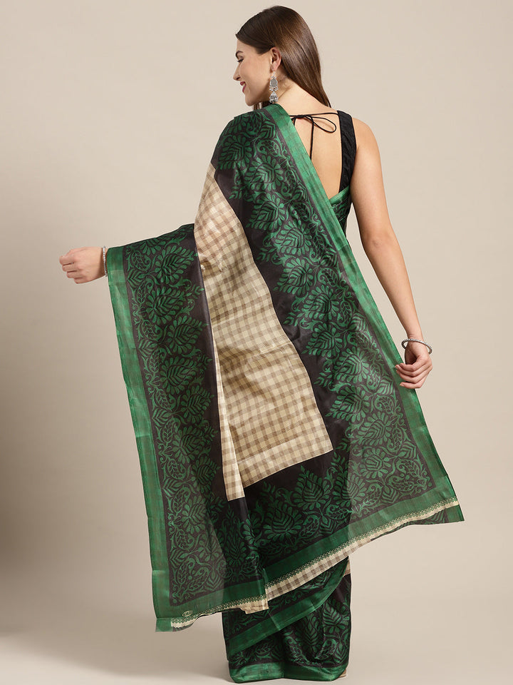 Printed Checked Bhagalpuri Saree with Contrast Floral Motifs