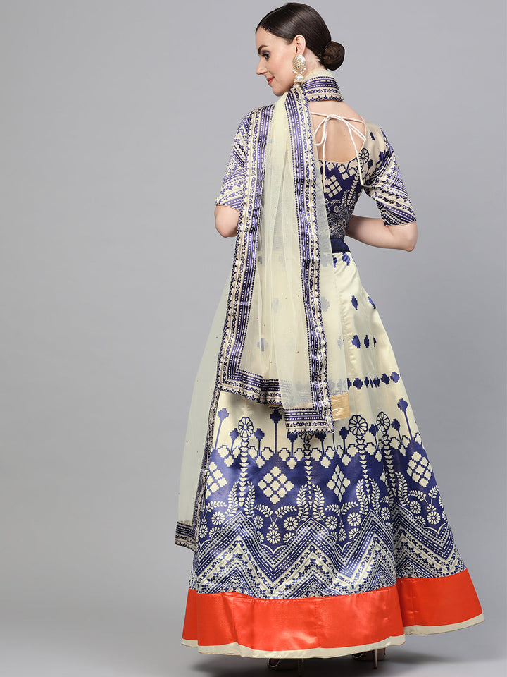 Digital Print Semi-stitched Lehenga with Ikat Inspired Motifs