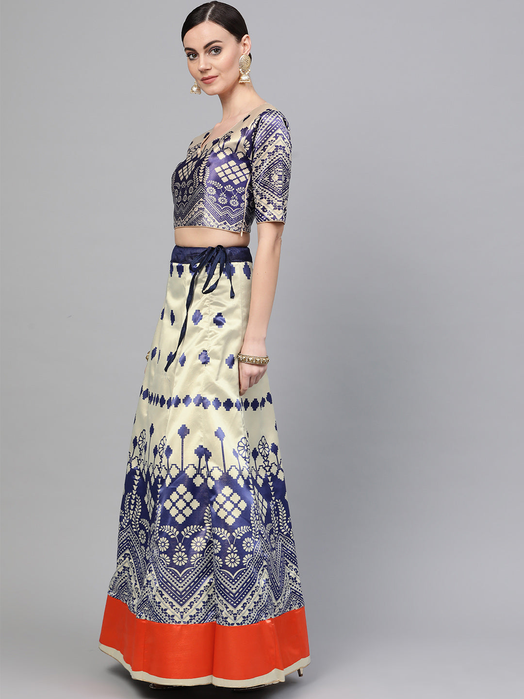 Digital Print Semi-stitched Lehenga with Ikat Inspired Motifs