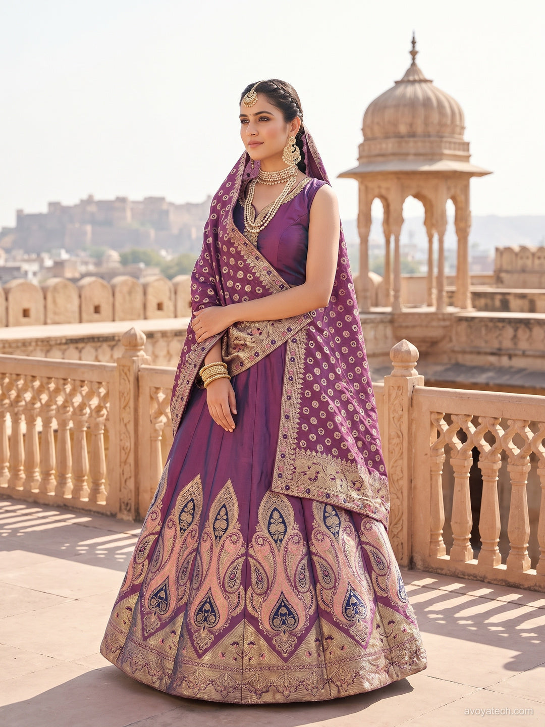Banarasi Weave Paisley Border Anarkali with Dupatta in Purple