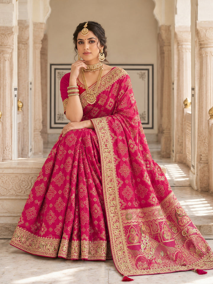 Rani Pink Zari Woven Geometric Saree with Motif Pallu