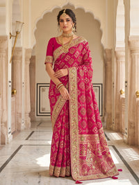 Rani Pink Zari Woven Geometric Saree with Motif Pallu