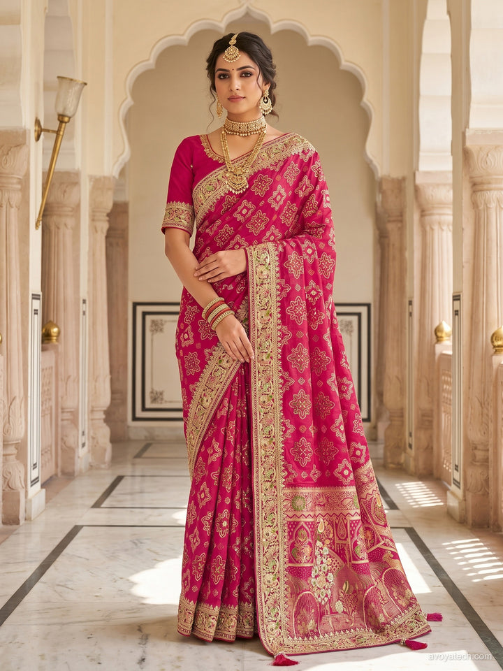 Rani Pink Zari Woven Geometric Saree with Motif Pallu