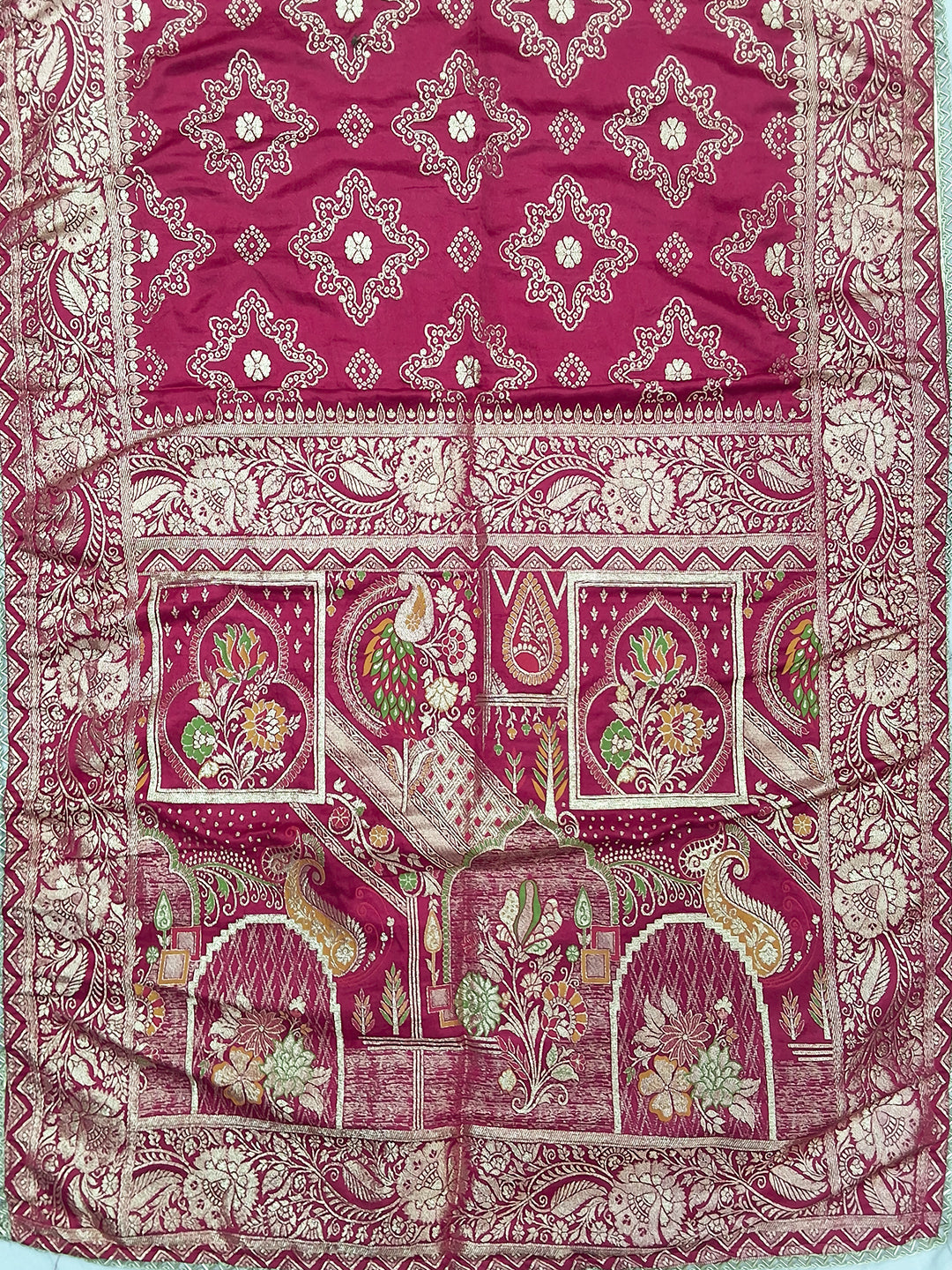 Rani Pink Zari Woven Geometric Saree with Motif Pallu