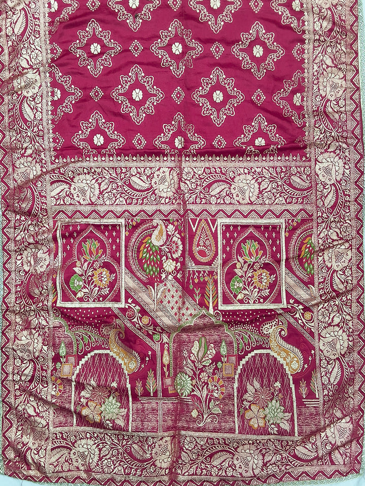 Rani Pink Zari Woven Geometric Saree with Motif Pallu