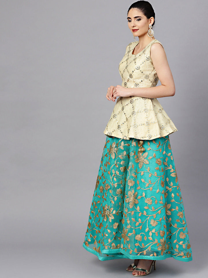 Peplum Crop Top Lehenga with Gota Patti, Mirror Work