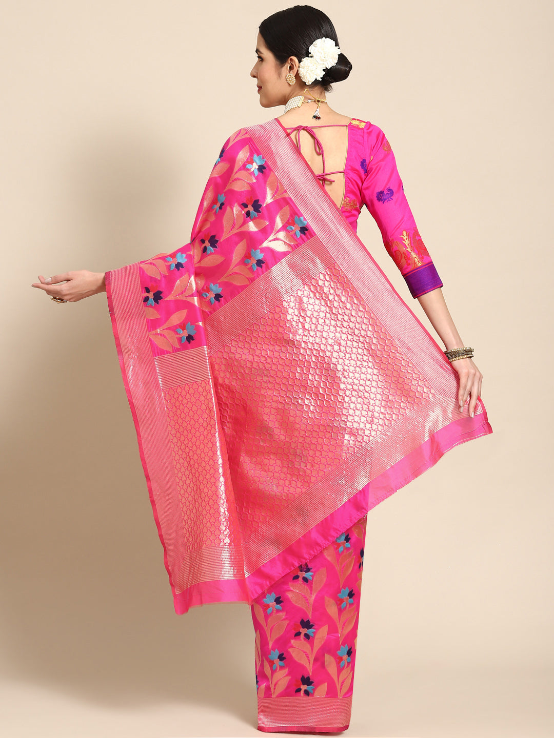Magenta Banarasi Floral Meenakari Resham Woven Embellished Silk Saree