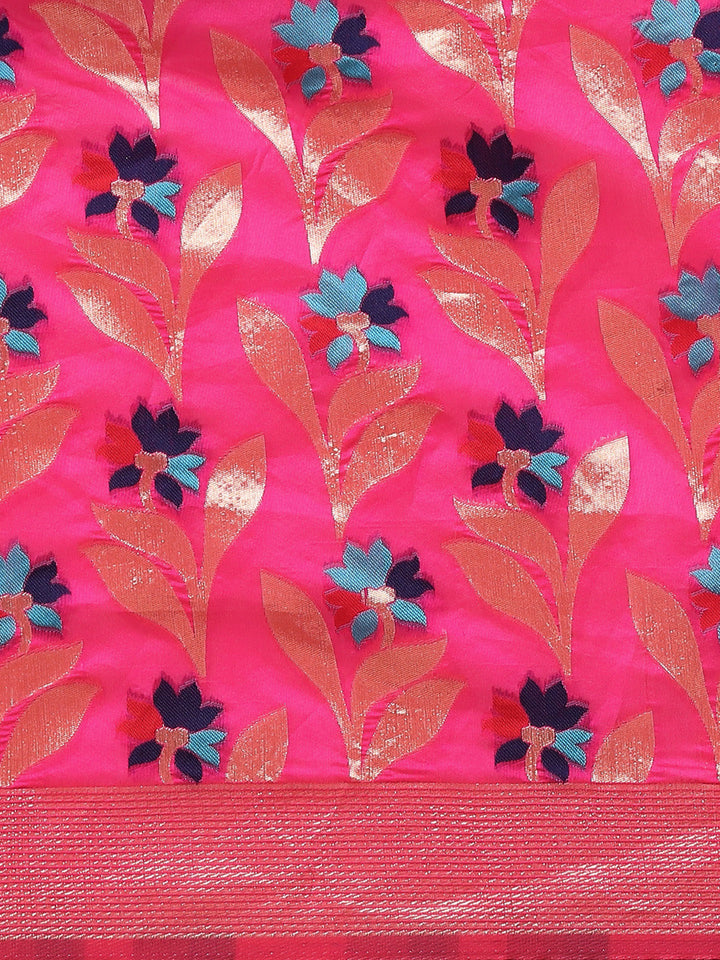 Magenta Banarasi Floral Meenakari Resham Woven Embellished Silk Saree