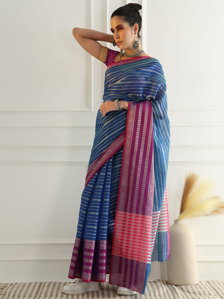 Blue Chanderi Silk Stripes Woven Traditional Saree