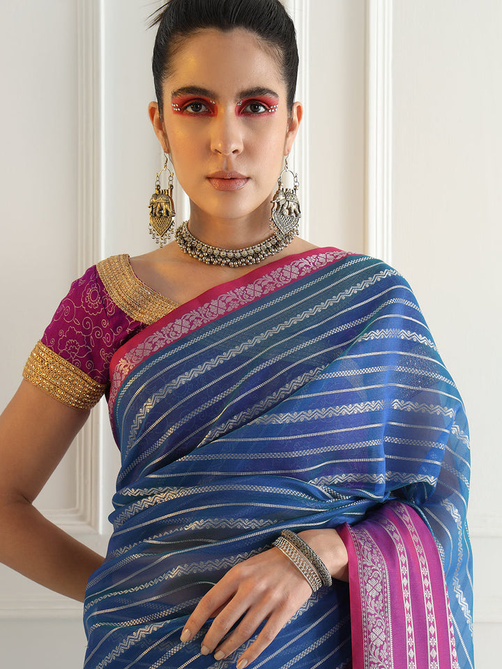Blue Chanderi Silk Stripes Woven Traditional Saree