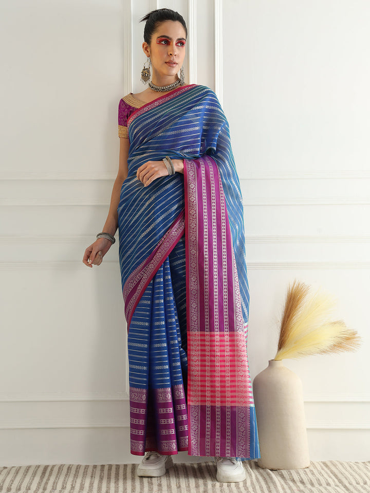 Blue Chanderi Silk Stripes Woven Traditional Saree