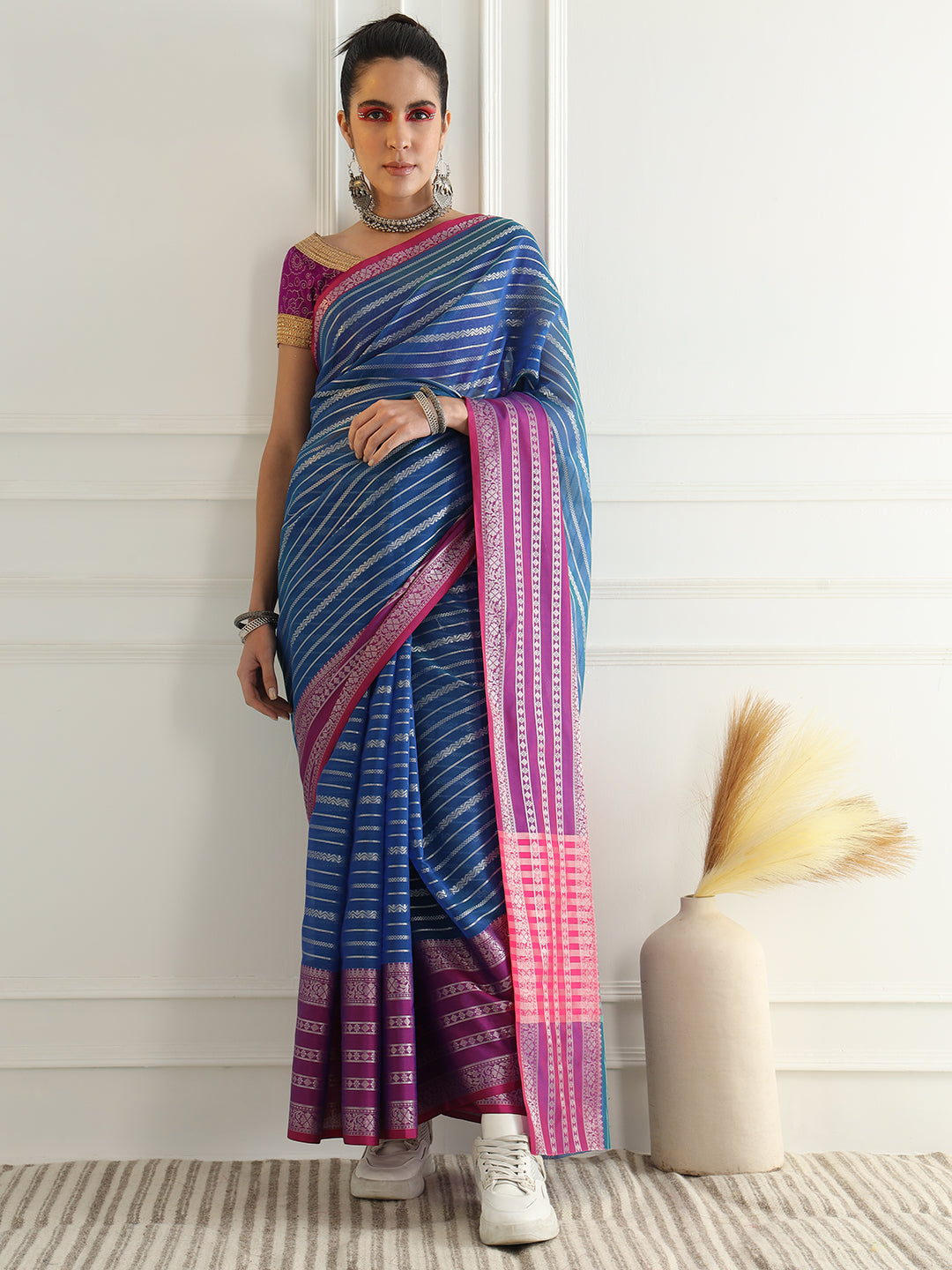 Blue Chanderi Silk Stripes Woven Traditional Saree