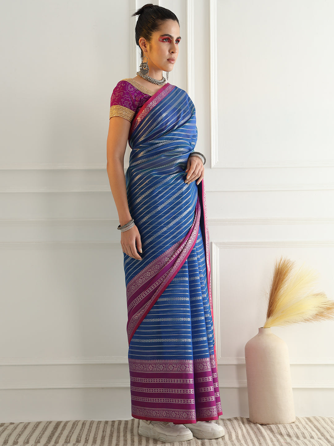 Blue Chanderi Silk Stripes Woven Traditional Saree