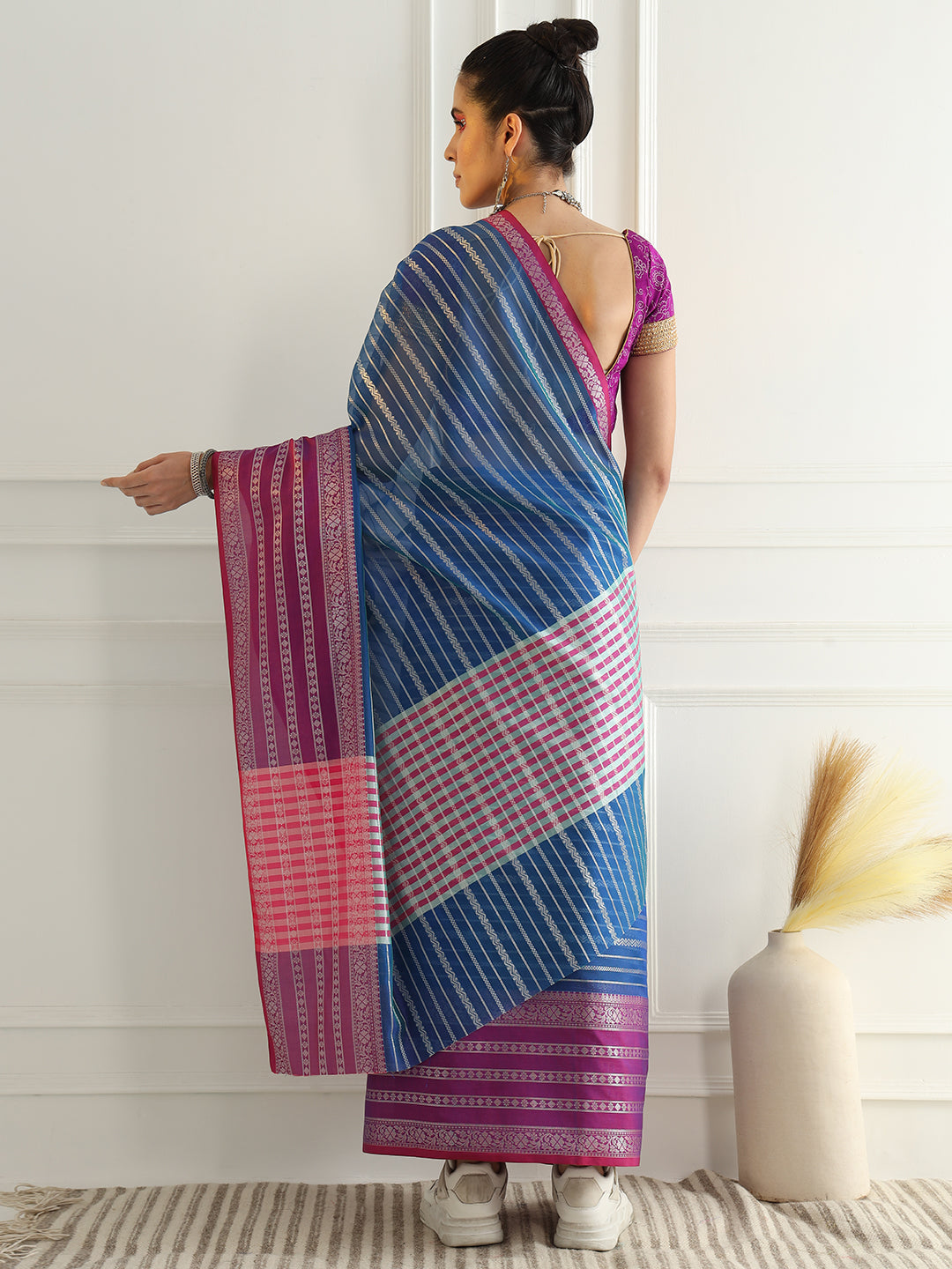 Blue Chanderi Silk Stripes Woven Traditional Saree