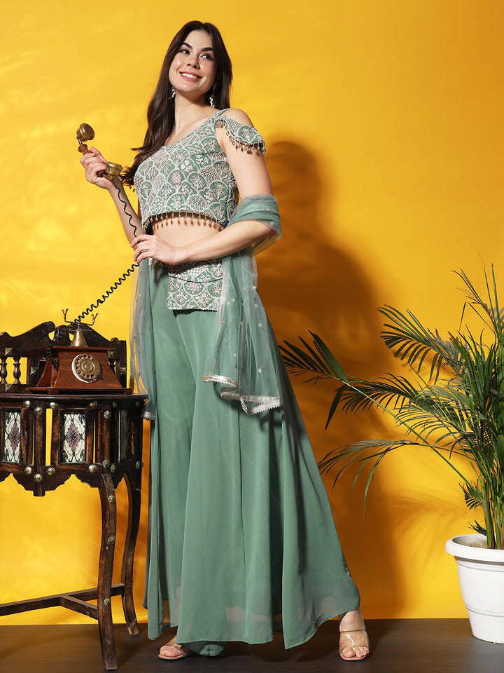 Thread Embroidery Crop Top With Flared Palazzo & Stylish Pocket