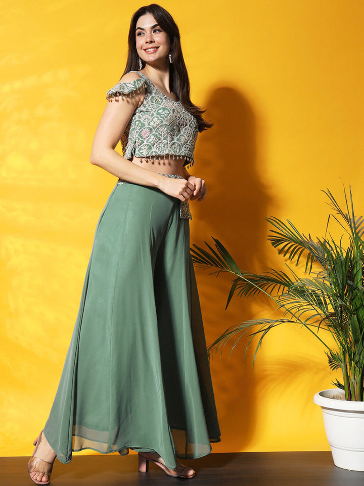 Thread Embroidery Crop Top With Flared Palazzo & Stylish Pocket