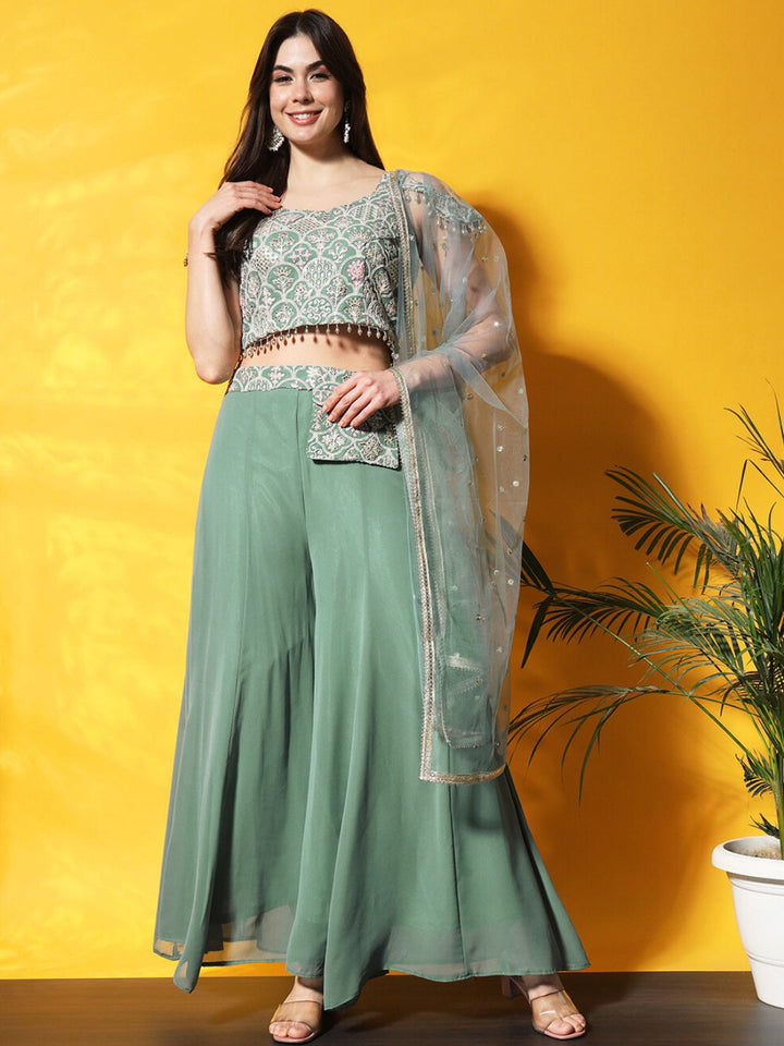Thread Embroidery Crop Top With Flared Palazzo & Stylish Pocket