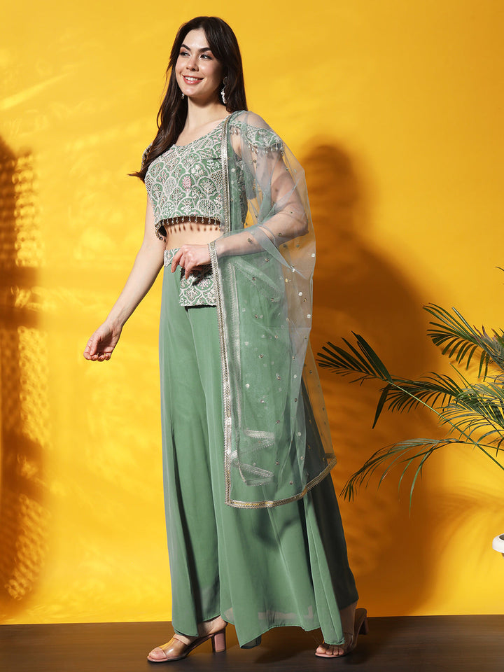 Thread Embroidery Crop Top With Flared Palazzo & Stylish Pocket