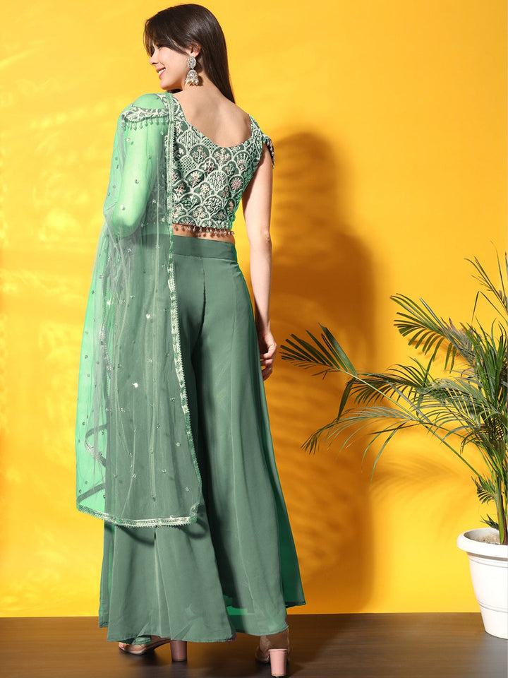 Thread Embroidery Crop Top With Flared Palazzo & Stylish Pocket