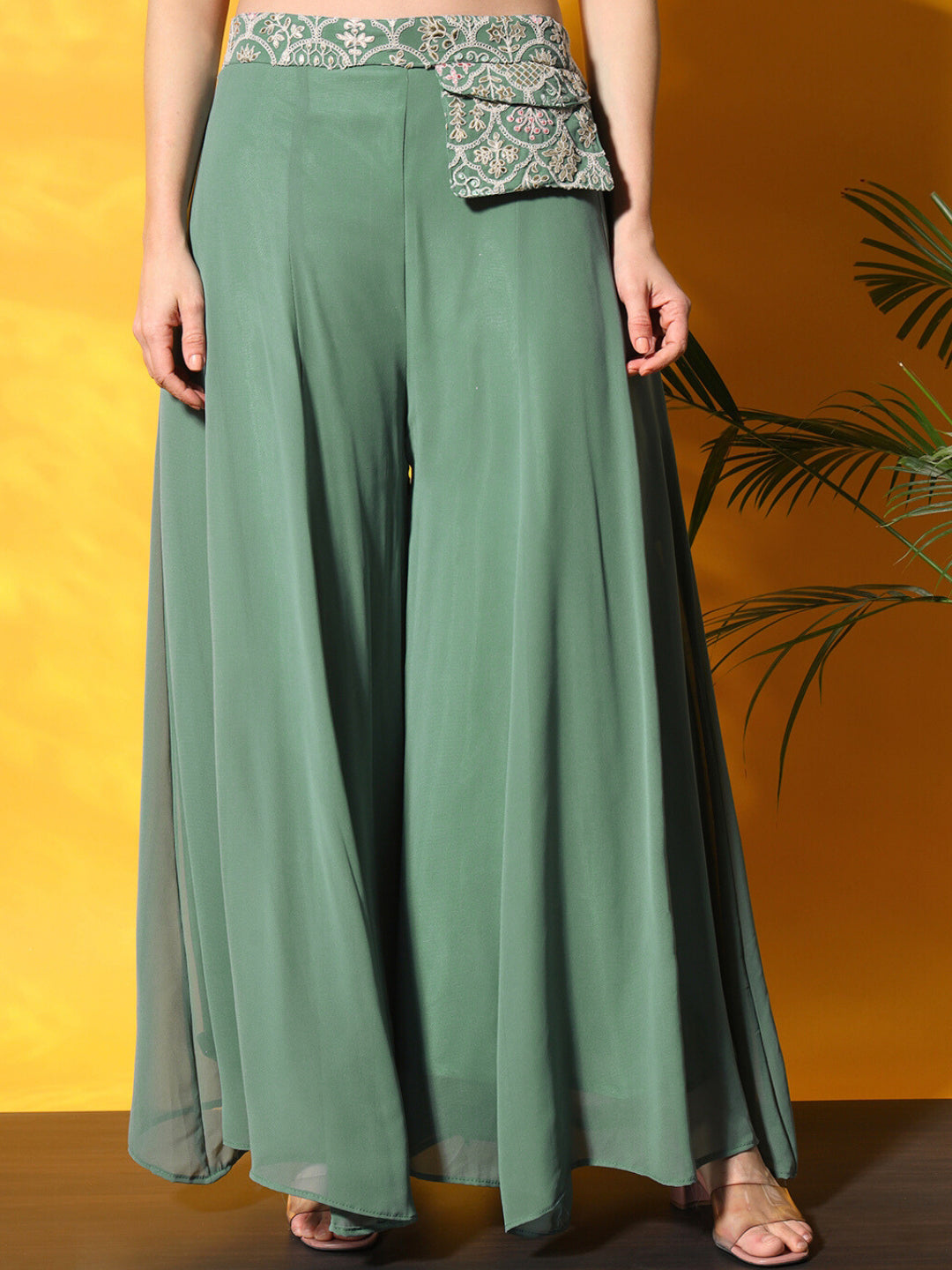Thread Embroidery Crop Top With Flared Palazzo & Stylish Pocket