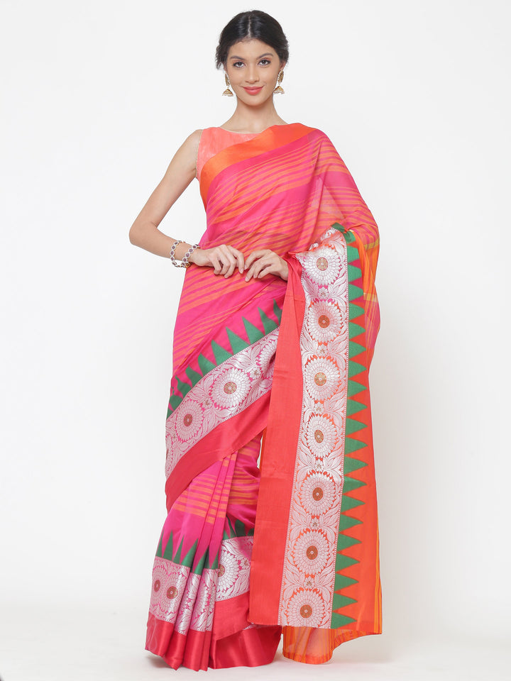 Striped Handloom Banarasi Saree with Contrast Temple Pattern Border