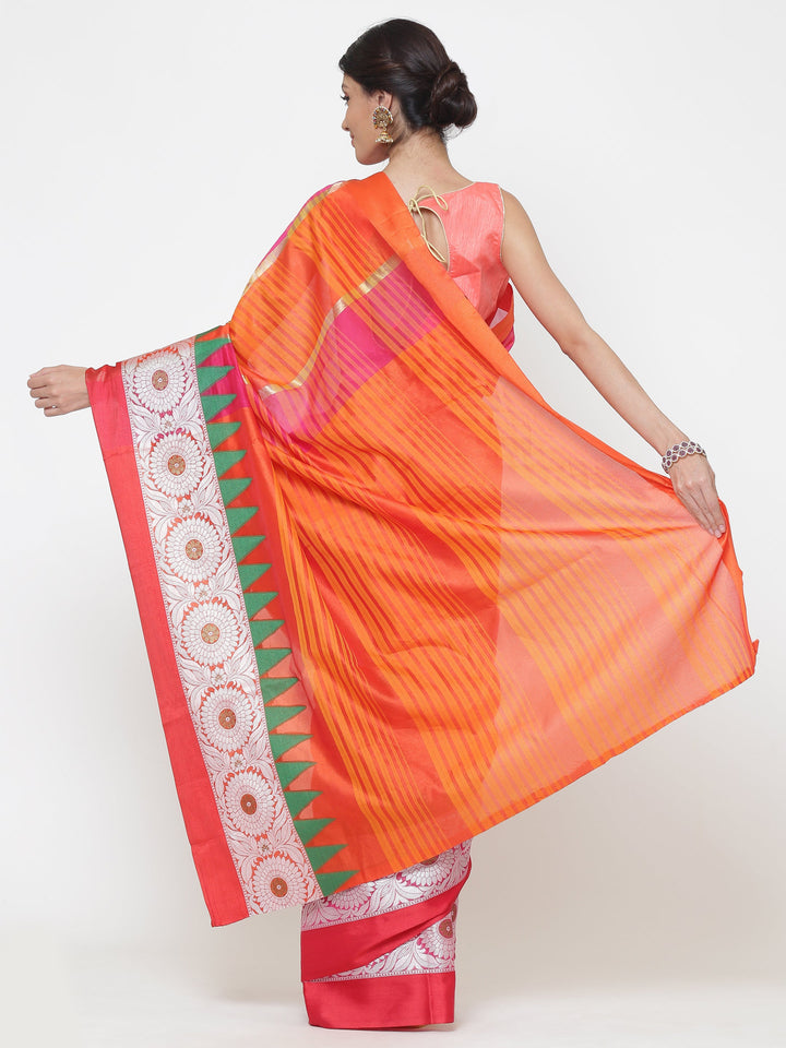 Striped Handloom Banarasi Saree with Contrast Temple Pattern Border