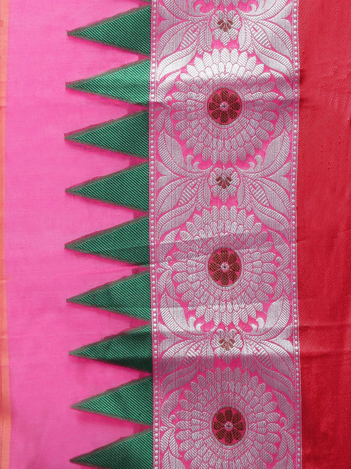 Striped Handloom Banarasi Saree with Contrast Temple Pattern Border