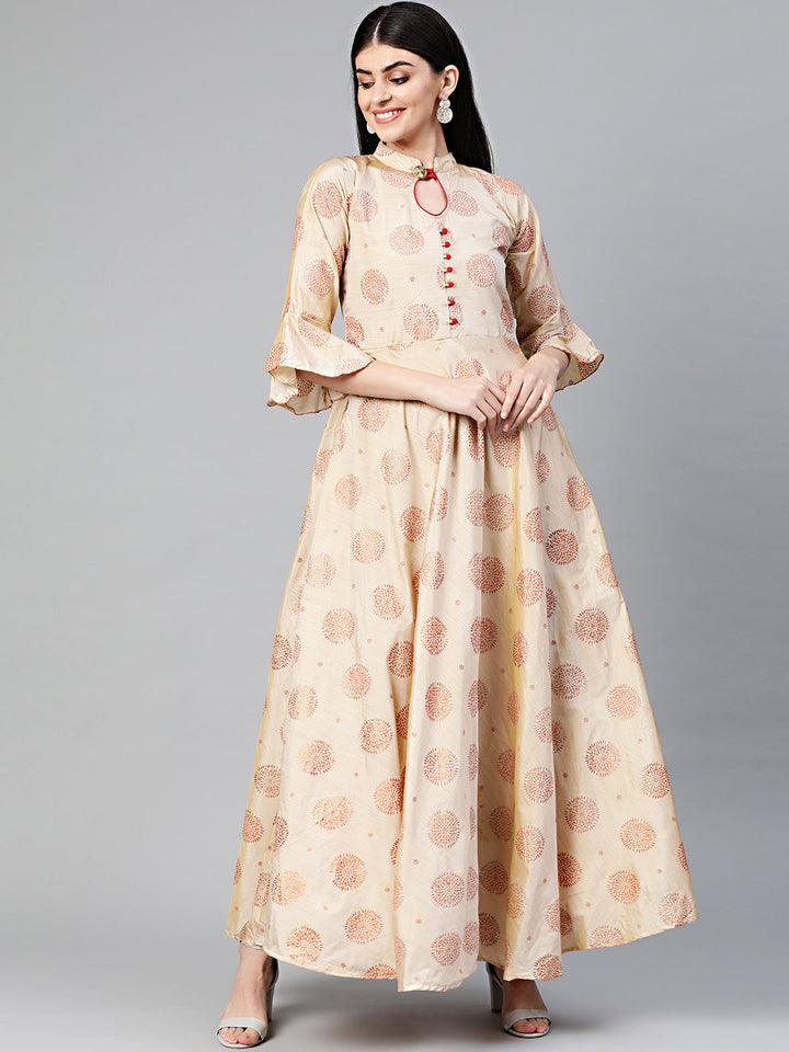Flared Printed Kurta Dress with Copper block print
