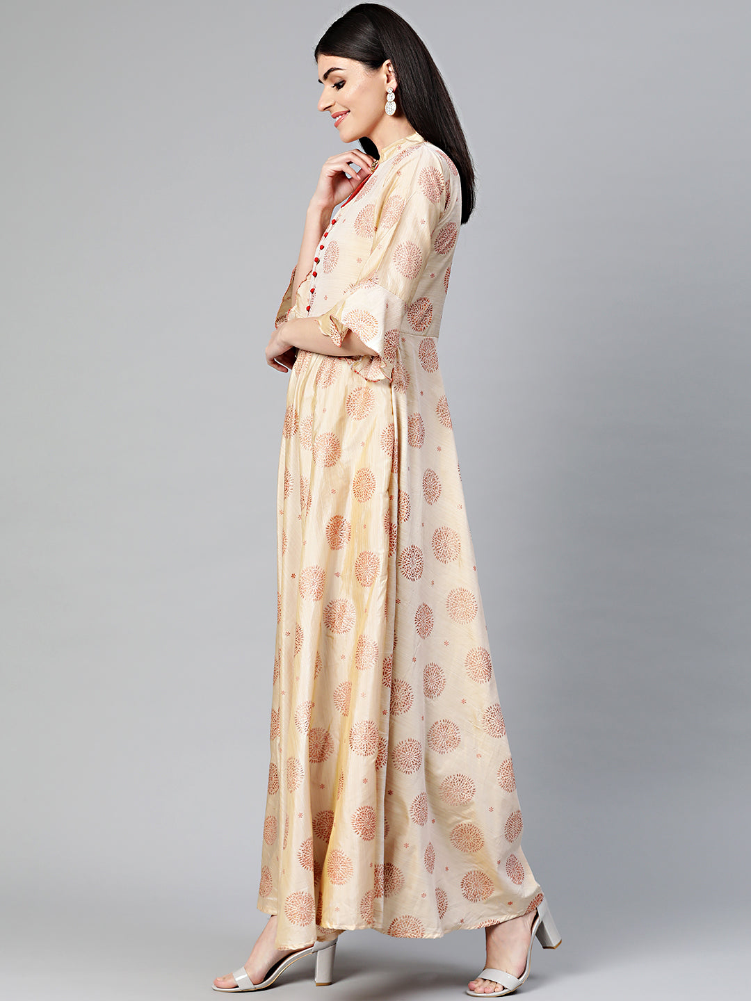 Flared Printed Kurta Dress with Copper block print
