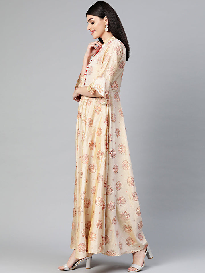 Flared Printed Kurta Dress with Copper block print