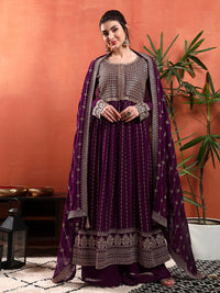 Zardozi Aari Embroidery & Sequined Kurta with Embroidered Dupatta & Solid Pallazo