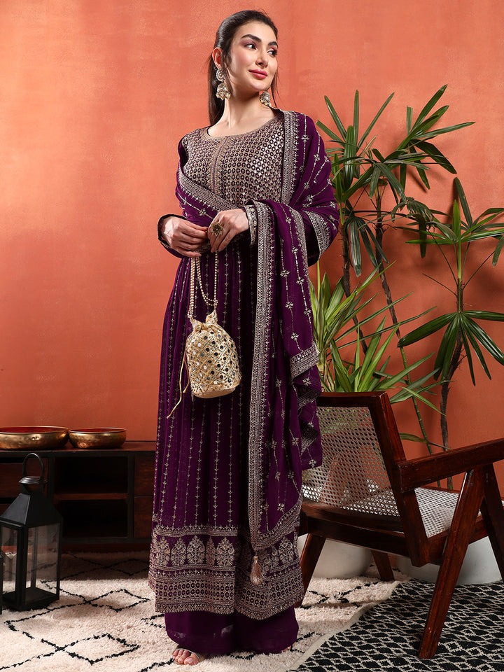 Zardozi Aari Embroidery & Sequined Kurta with Embroidered Dupatta & Solid Pallazo