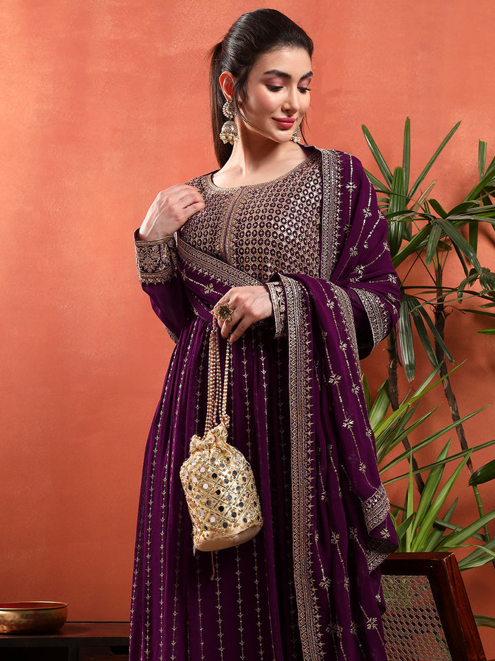 Zardozi Aari Embroidery & Sequined Kurta with Embroidered Dupatta & Solid Pallazo