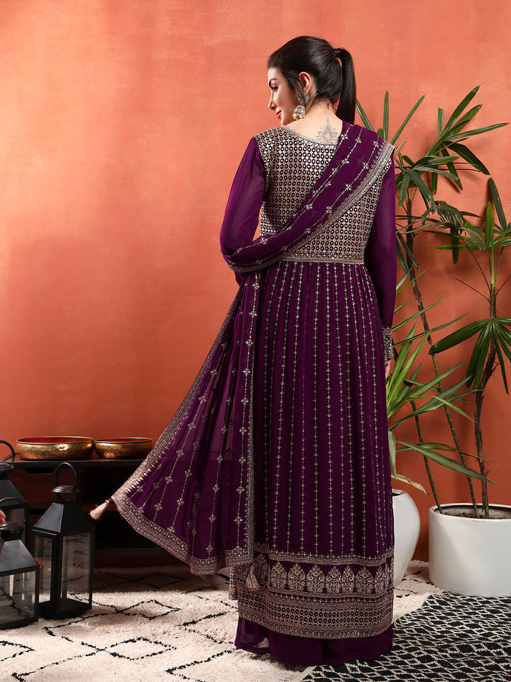 Zardozi Aari Embroidery & Sequined Kurta with Embroidered Dupatta & Solid Pallazo