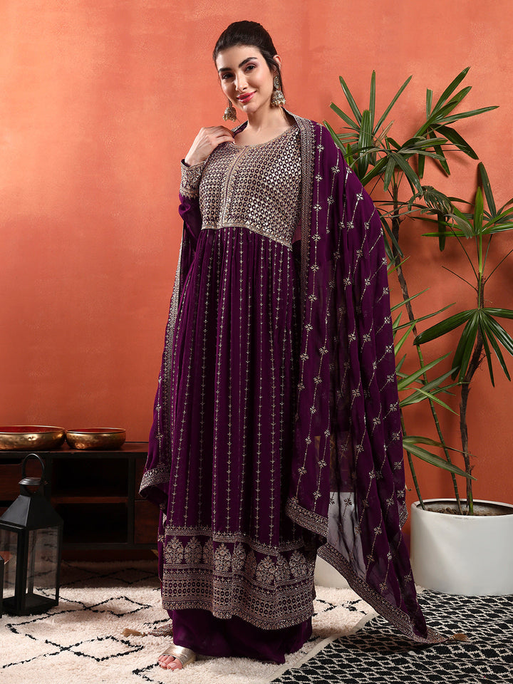 Zardozi Aari Embroidery & Sequined Kurta with Embroidered Dupatta & Solid Pallazo