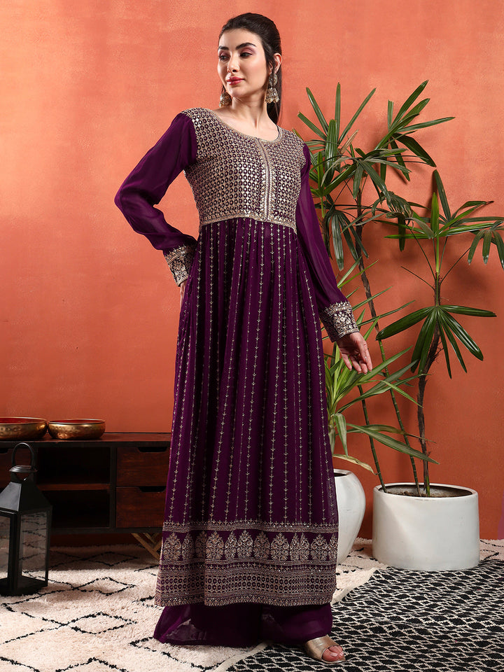 Zardozi Aari Embroidery & Sequined Kurta with Embroidered Dupatta & Solid Pallazo