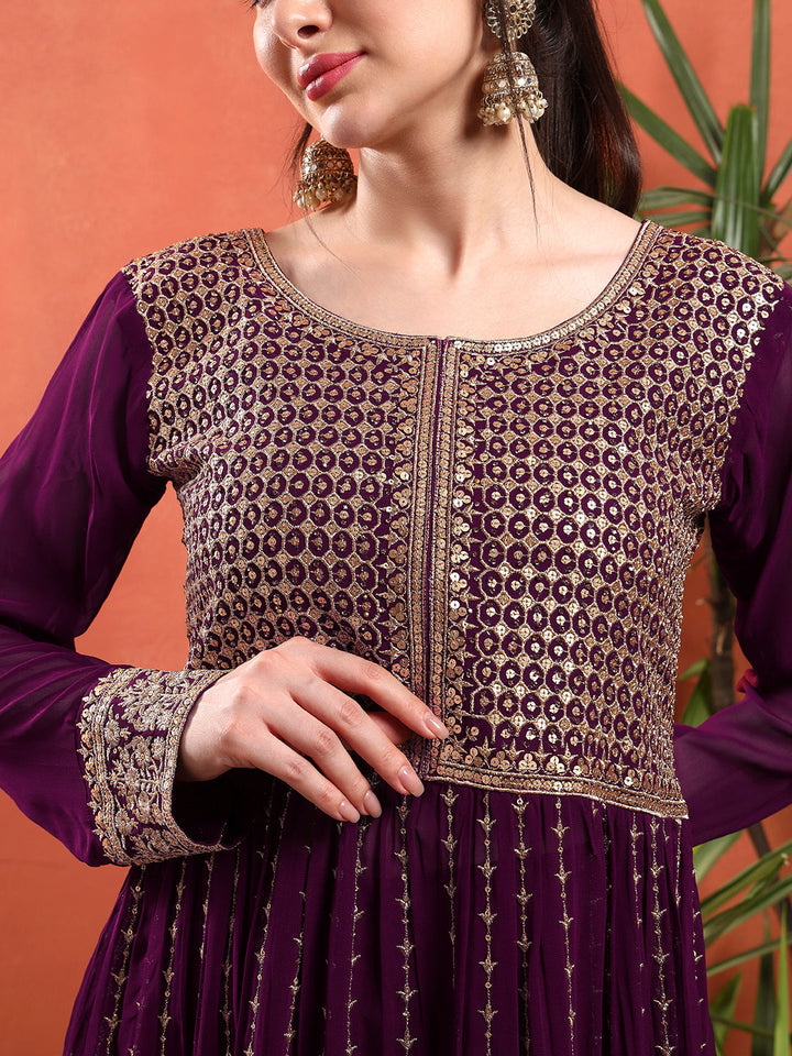 Zardozi Aari Embroidery & Sequined Kurta with Embroidered Dupatta & Solid Pallazo